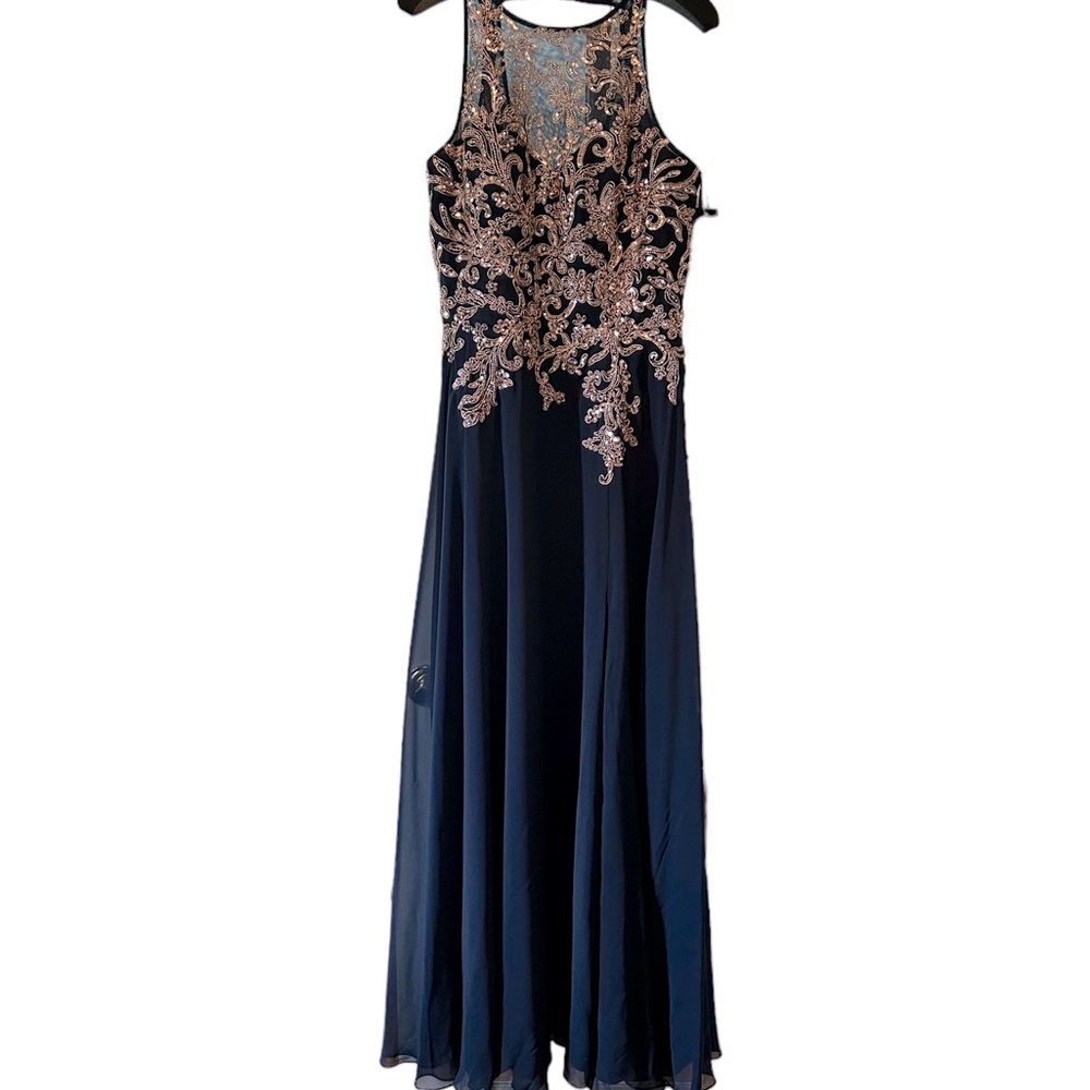 NWT Betsy and Adam navy and rose gold beaded gown